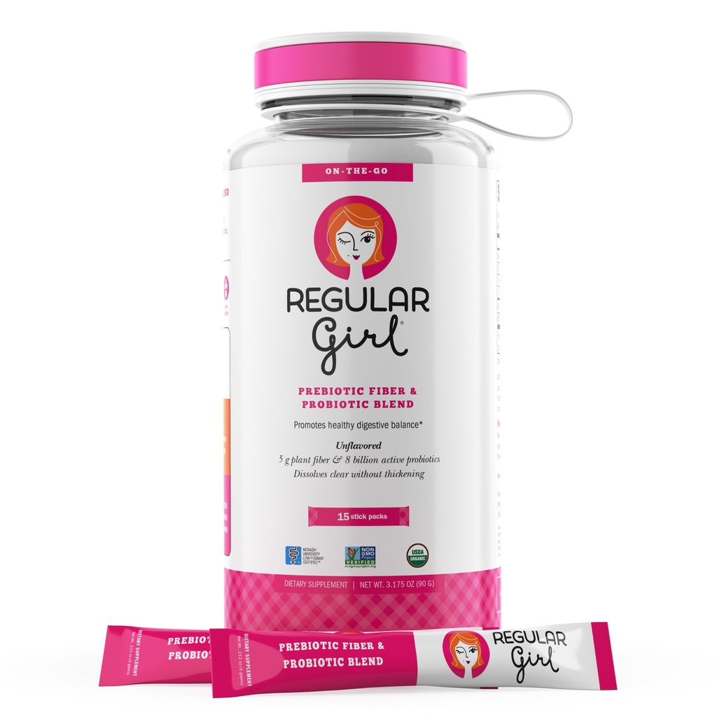 Redna deklica organski prašek, Starter Kit, Prebiotic Fiber dodatek in probiotiki za ženske, 15 Posamezni paketi & steklenica, Nearomatizirana, 15 Serving