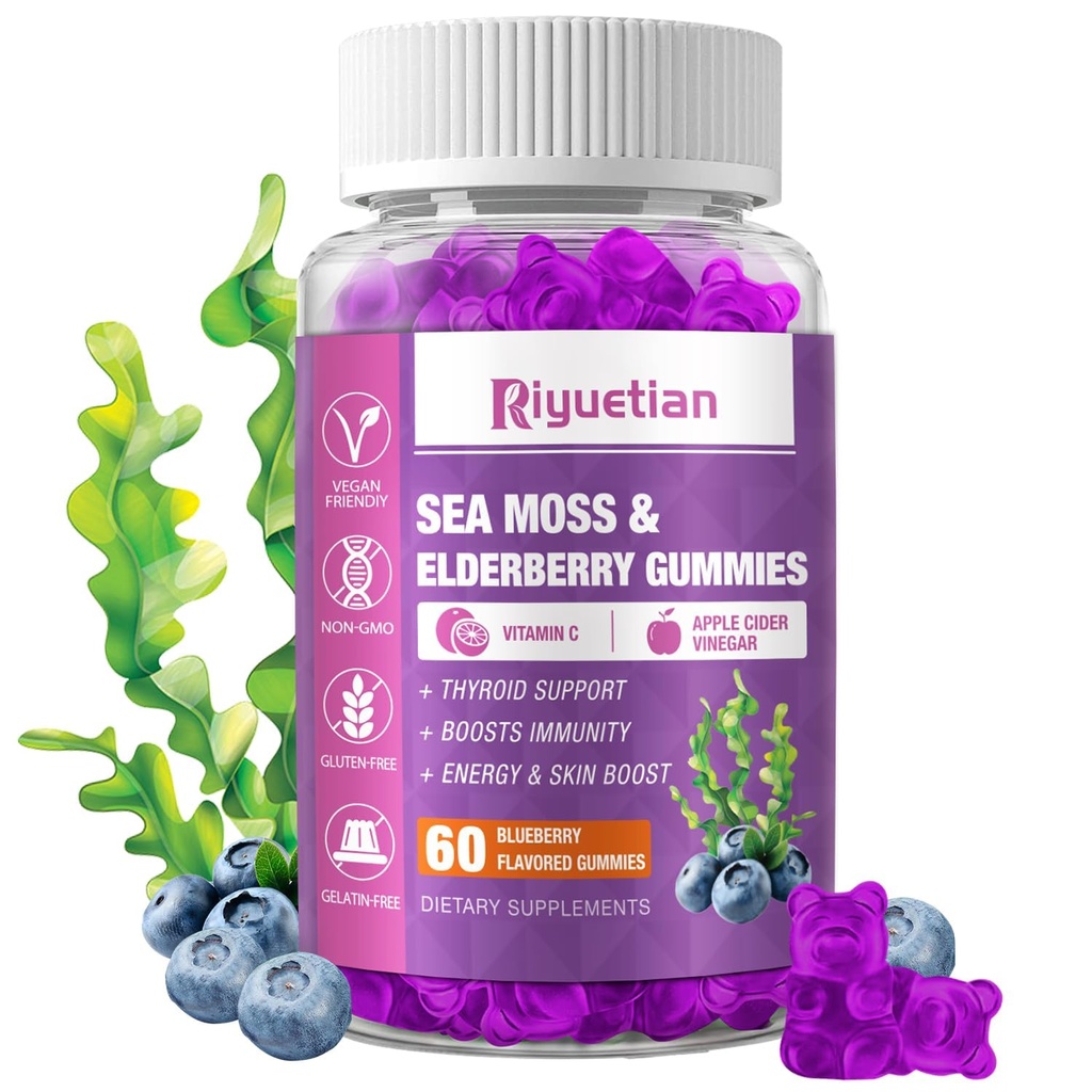 Sea Moss Gumies & Elderberry - Vitamin C + cink – Krepkost Imunski in ščitnični podporo Gummy Bears za otroke in odrasle - 60 Naravni Seamoss Gumies