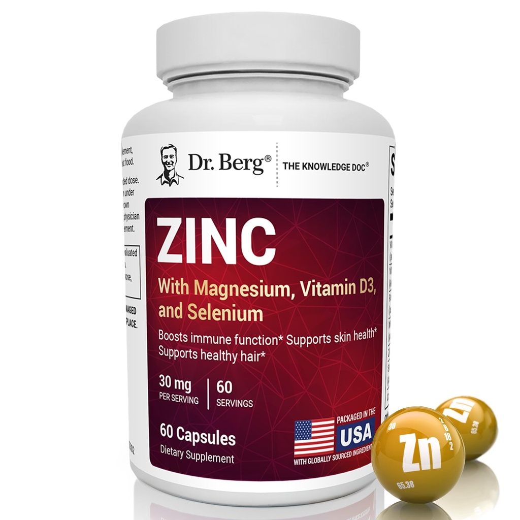 Dr. Berg Cink 30mg Okrepljeno z magnezijem, vitaminom D3, selenom in bakrom - Cinkovi dodatki za moške in ženske - kelirani cink za imuno, kožo, lase, podporo in nohte* - 60 kapsul
