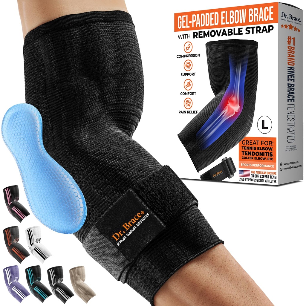 DR. BRACE® Elite Elbow Brace Podpora, Zadihana kompresija elbow Sleeve z gel Pad za Golfer's, Tennis Elbow & Tendonitis Zdravljenje in lajšanje bolečine 2024 (črna, velika)