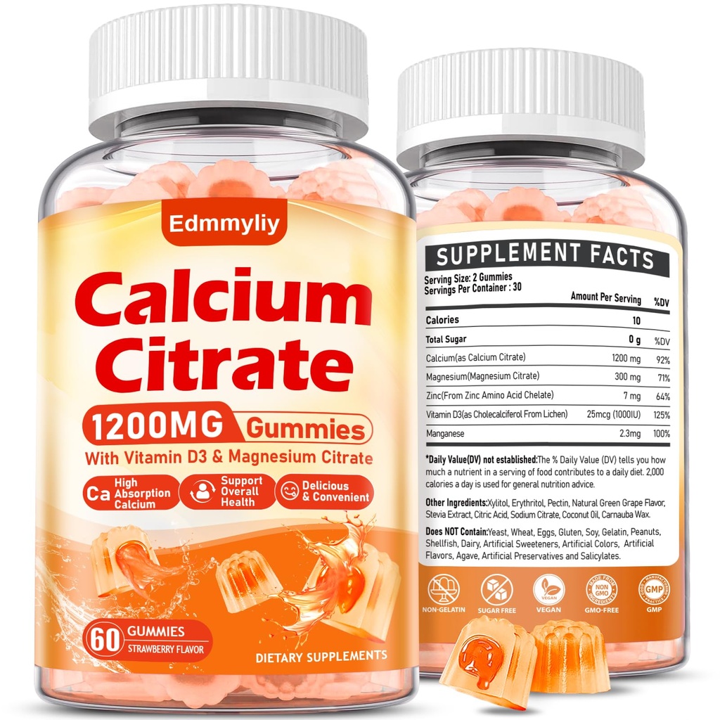 Kalcijev citrat dodatek Gumiji za odrasle - brez sladkorja kalcijev citrat 1200 Mg z magnezijem 300 Mg & vitamin D3 - Organski žvečljivi kalcij dodatki za ženske in moške