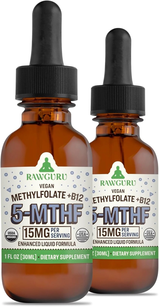 RawGuru L-metilfolat 15 mg + vitamin B12 - organski veganski metiliran B12 s sledljivimi minerali - nanopredeljena in izboljšana tekoča formula - 300 servingov Veganske kapljice na 30 ml, pakiranje po 2