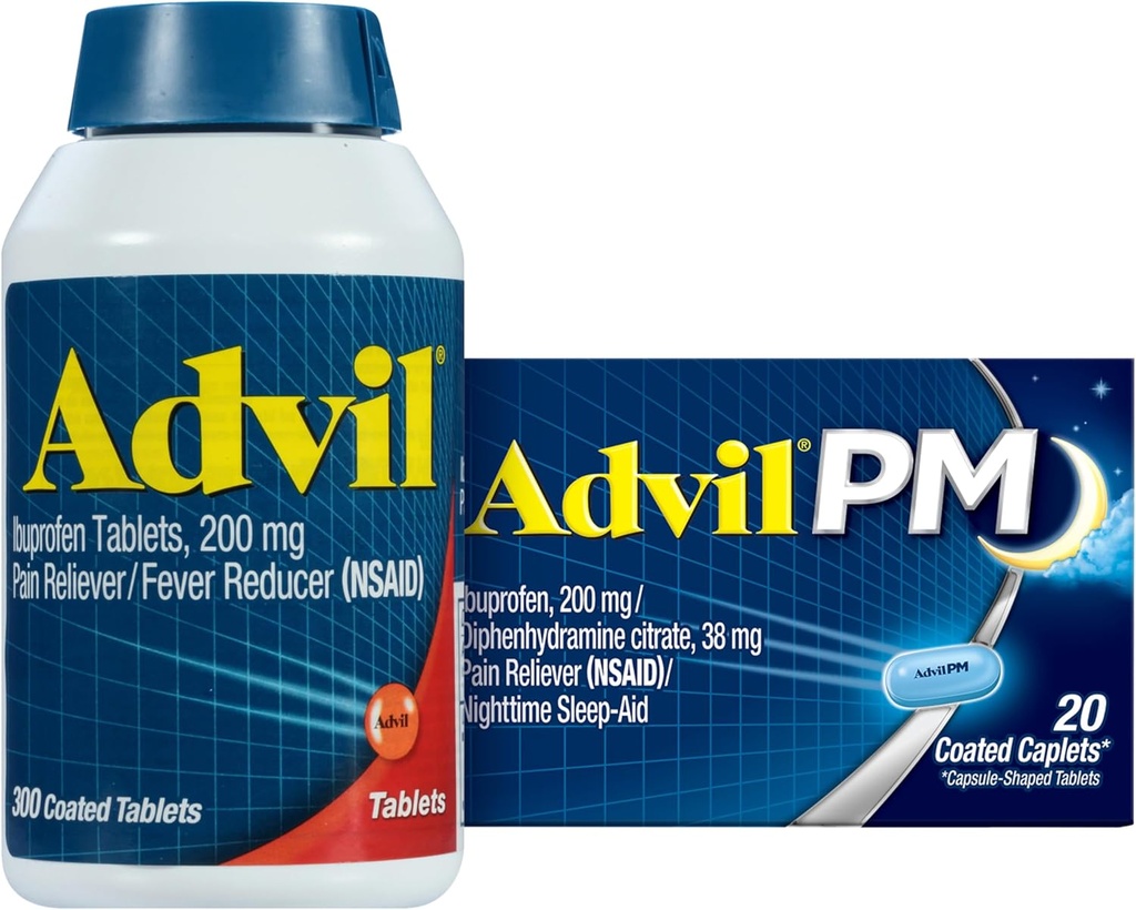 Advil Pain Reliever in Fever Reducer, Ibuprofen 200mg za lajšanje bolečine - 300 Count, Advil PM Pain Reliever in nočno spanje Aid, Ibuprofen za lajšanje bolečine in difenhidramin Citrat - 20 Count