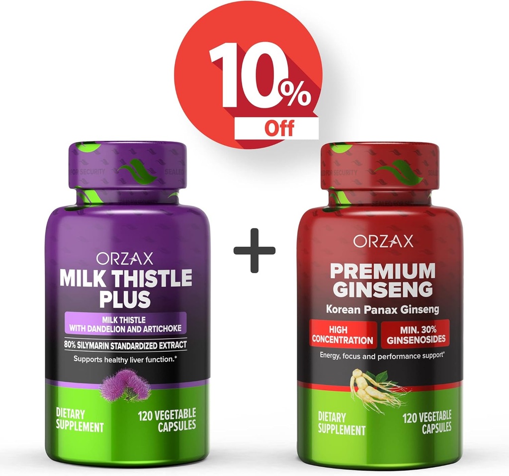 ORZAX mleko Thistle Plus 120 Vegabilne kapsule in Premium Ginseng 120 Vegabilne kapsule, paket