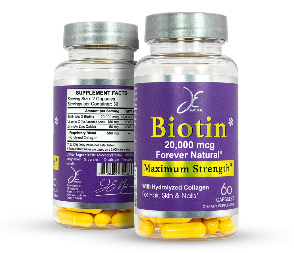 JE Natural Biotin las kože in nohti Vitamini, Vitamin C, Biotin in kolagen dopolnila, ki bi lase rastejo hitreje in dlje, za vse starosti, 60 Kapsule Biotin 20000mcg Največja moč.