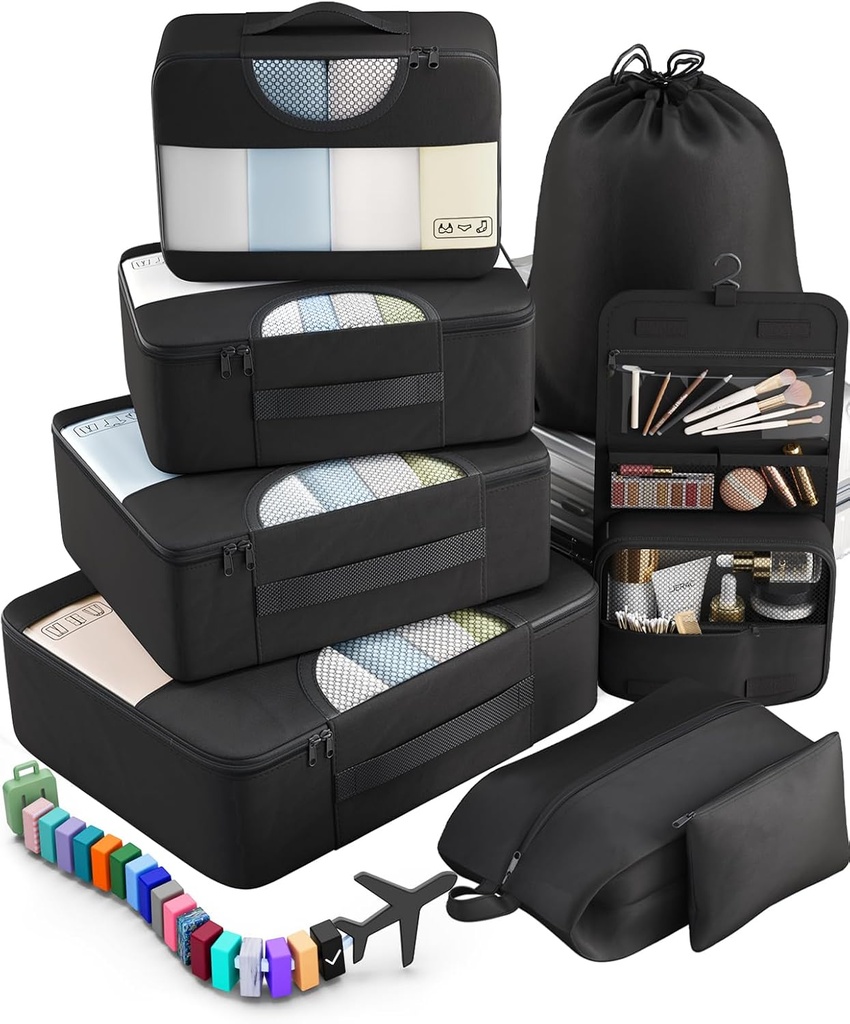 Veken 10 Set/8 Set Pakiranje kocke za potovalne esencialne, kovček Organizator vrečke v 4 velikostih, Noseče na prtljago pribor z veliko pralnico in toaletno vrečko, Must-Have za letalo, Road Trip & Camping