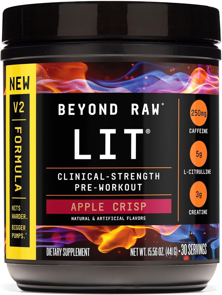 BEYOND RAW LIT V2 Klinična moč Pred vadbo prašek, Hits težje, Večje črpalke, kofein, L-citrulin, Kreatin, Apple Crisp, 30 Služabniki