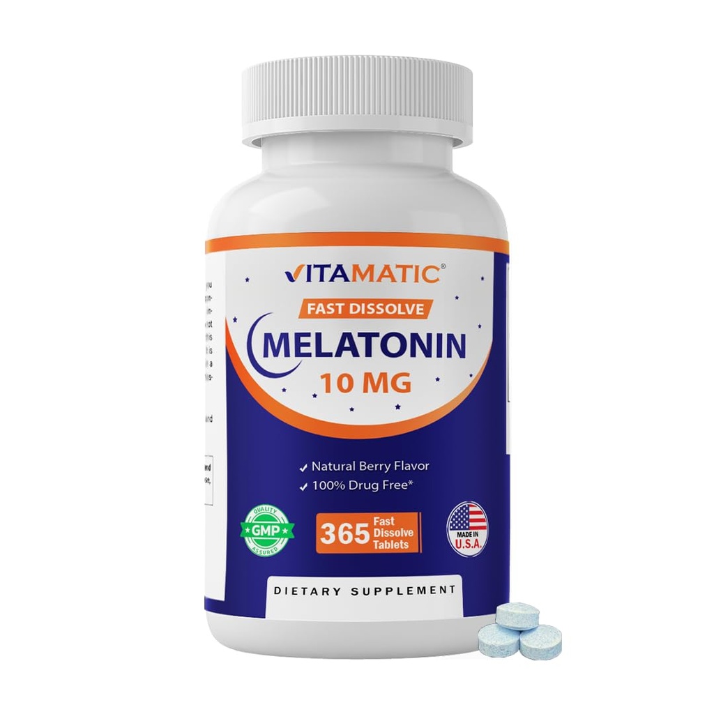 Vitamatske Melatonin 10 mg hitre tablete za raztapljanje – podpora za hitro raztapljanje v spanju – vegetarijanske, ne-GMO & Gluten-free – naravne jagodne arome – 365 tablet