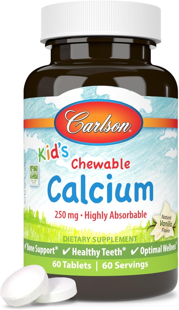 Carlson - Mali žvečljivi kalcij, 250 mg, zelo absorbira, podpora za kosti in zobe, optimalna Wellness, naravna aroma vanilije, 60 tablet