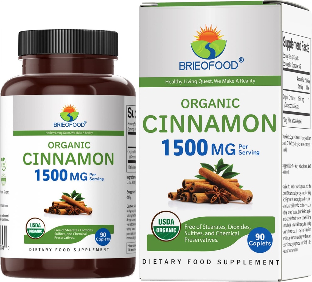 Brieofood organski cimet 1500mg, 45 Služabniki, vegetarijanci, Gluten brez, 90 vegetarijanske tablete