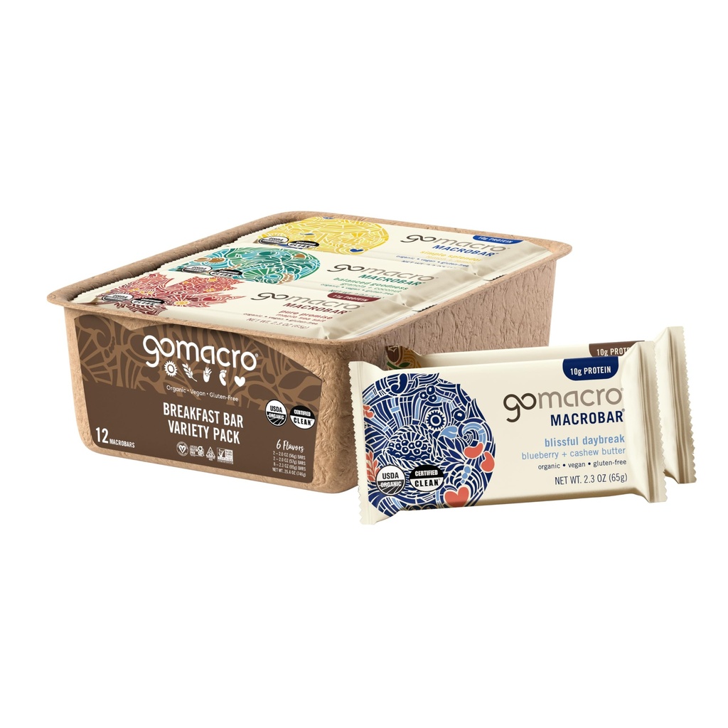 GoMacro Macrobar Organic Vegan Protein Bars, Zajtrk Variety Pack, 12 Število