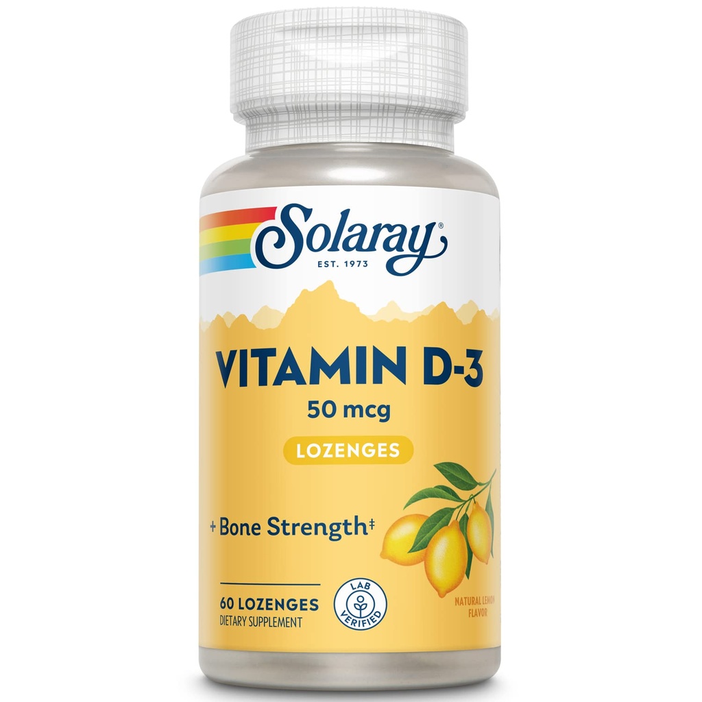 SOLARAY Vitamin D3 2000IU Supplement for Men & Women - Vitamin D as Cholecalciferol, VIT D3 50 mcg for Adults, Bone Strength Support, Natural Lemon Flavor - 60 Lozenges