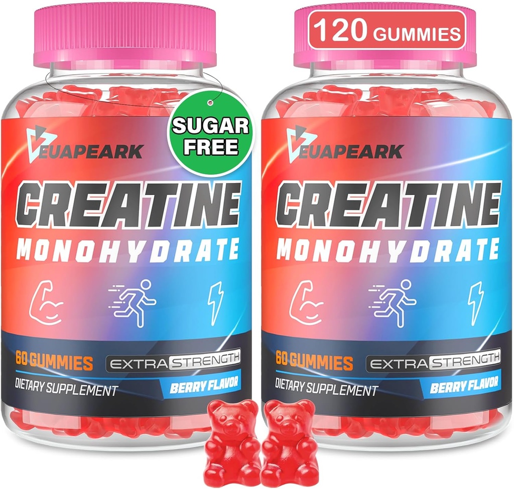 Kreatin monohidrat Gumiji, predworkout žvečilni dodatki za ženske in moške, Kreatin monohidrat s tavrinom & B6 - za mišice, moč, vzdržljivost in energijo, Vegan (Berry, 120 Gummies)