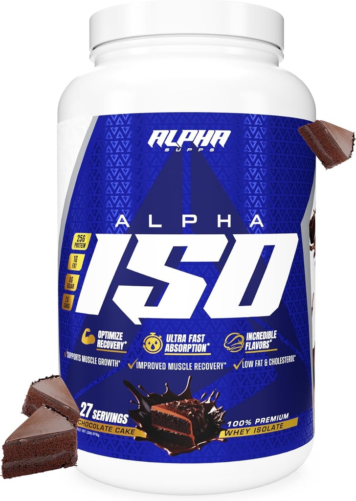 Alpha Supps ISO, Low Carb 100% sirotkin izolat v prahu, 25 gramov na strežbo, pomaga podpirati mišično rast, nizek sladkor in gluten brezplačno (čokoladna torta, 2 lb)