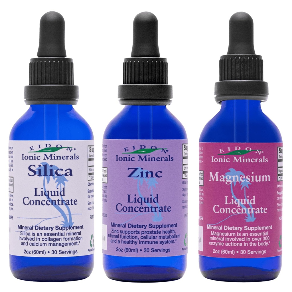 Eidon Ionic Minerals Tekoči silika, cink, & Magnezij kapljice Variety Pack - Silica, cink, & Magnezij dopolnila, Vse-naravnih minerali Trace, Brez konzervansov ali dodatkov - 2 oz, Pakiranje 3