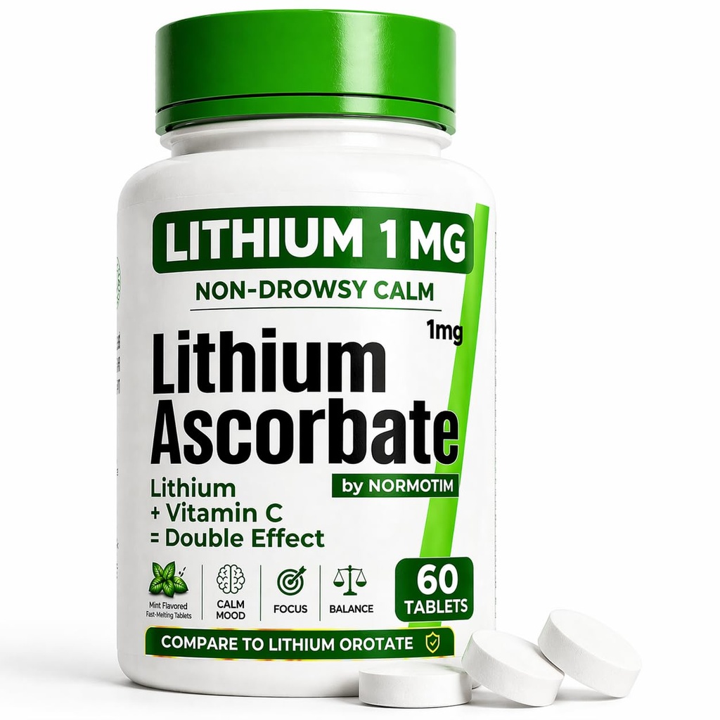 Litij Askorbat 1mg – varna alternativa litijevemu orotatu – mikrodoza litijev dodatek za razpoloženje, fokus & Calm – podpora vitaminu C – 60 tablet – Made in USA