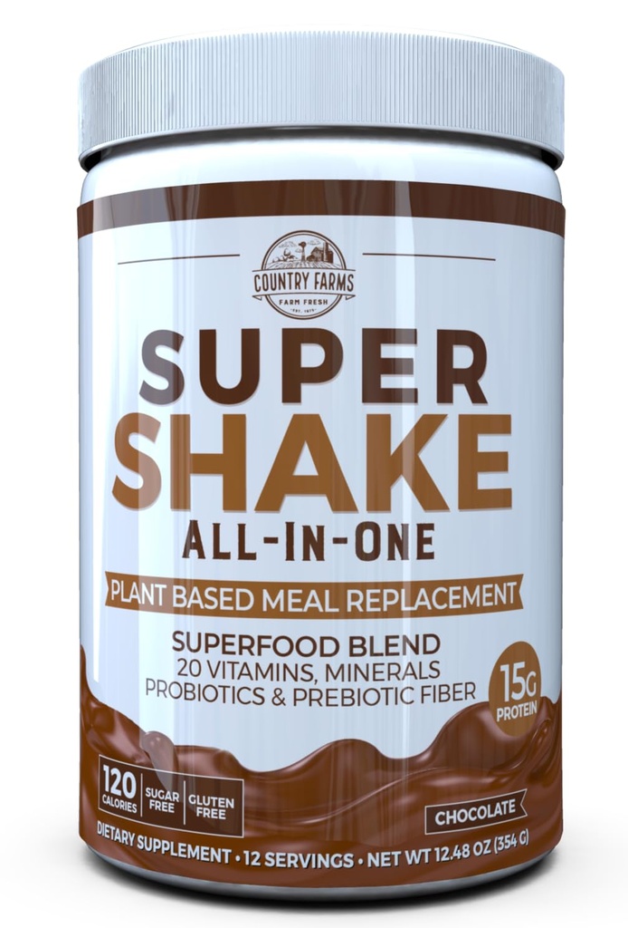 Podeželske kmetije All-in-One Super Shake Meal zamenjava 15g Rastline Beljakovine Prehranska dopolnila s Superživila, Vitamini, Probiotiki in Prebiotiki, 12 Serving, Čokolada, 12.48 Oz