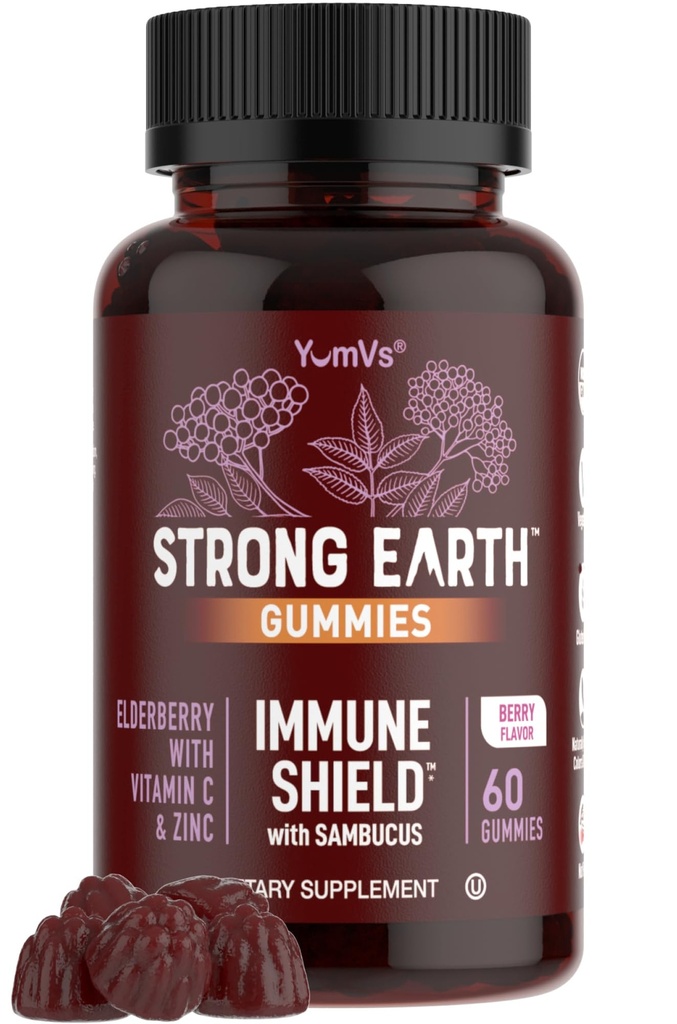 Močna Earth Elderberry Gumies – Sambucus Elderberry Imune Support z vitaminom C in cinkom – Črna Elderberry Gumies, Berry Flavor, Non-GMO, Gluten Free, Košir – 60 Count