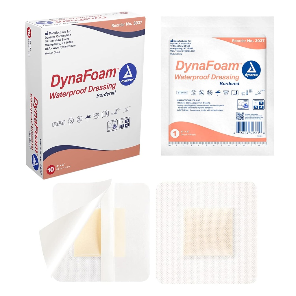 Dynarex Dynafoam vodoodporna meja lepila pena Rana obleko bandage, 4" x 4", 10 Število
