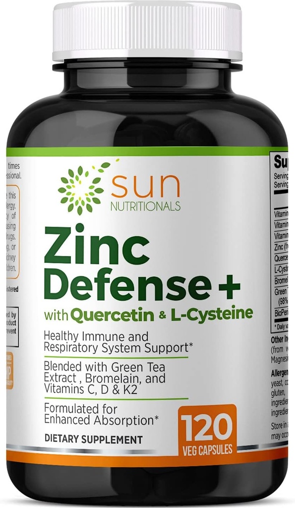 Obramba cinka+ s Quercetinom, Bromelainom, L-Cysteinom, EGCG (izvleček zelenega čaja), vitamini C, D3 & K2, 2-mesečna dobava, 120 VCaps, ne-GMO, brez glutena