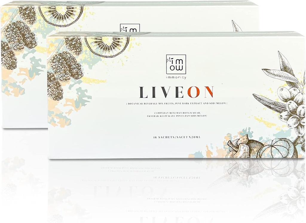 2 Boxs Immority Liveon 100% Natural Pine Bark Extract Piverage Mix sadje [16 vrečke x 20ml] – 4X Močen antioksidant obrnjen znak staranja, anti gube in fine linije za podporo mladostne kože