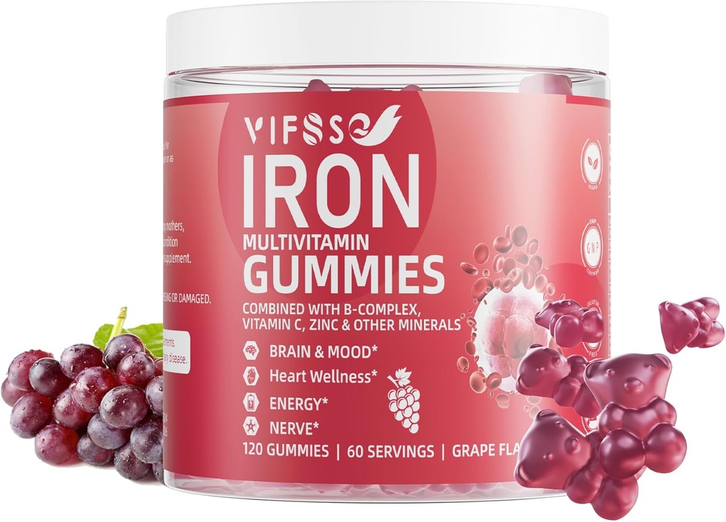 Iron Gummies Sugar Free, 120 Gummies železno dopolnilo za ženske multivitaminski z železom, vitamini in cinkom za ženske, moški & otroci- Grozdni okus, Veganski dodatek, Folat za energijo- Ne po okusu
