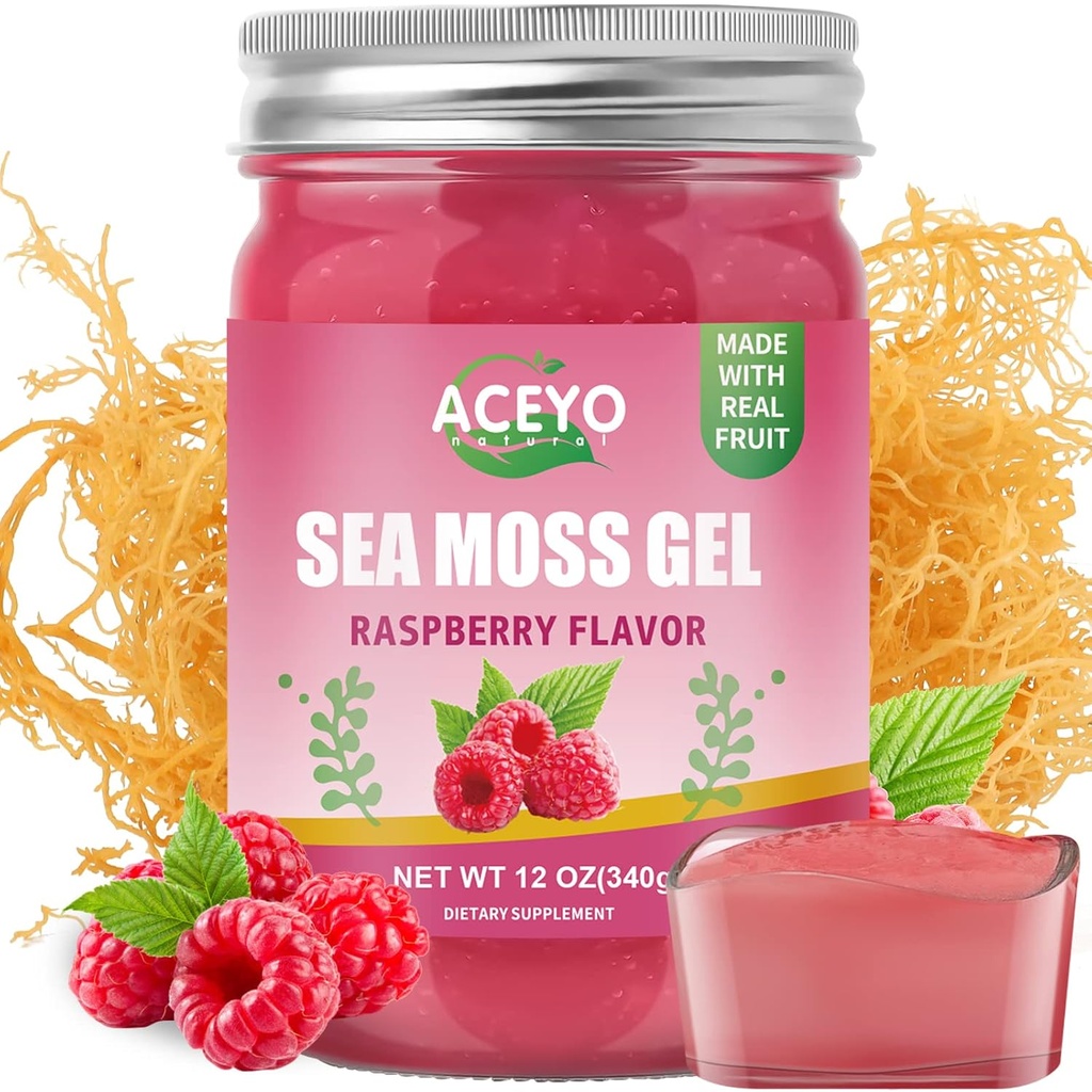 ACEYO (12 OZ) Irish Sea Moss Gel Organic Raw Vegan Raspberry Flavor 102 Vitamini in minerali Wild žetev ne-GMO Immune Defense Booster Thyroid Digestive Podpora