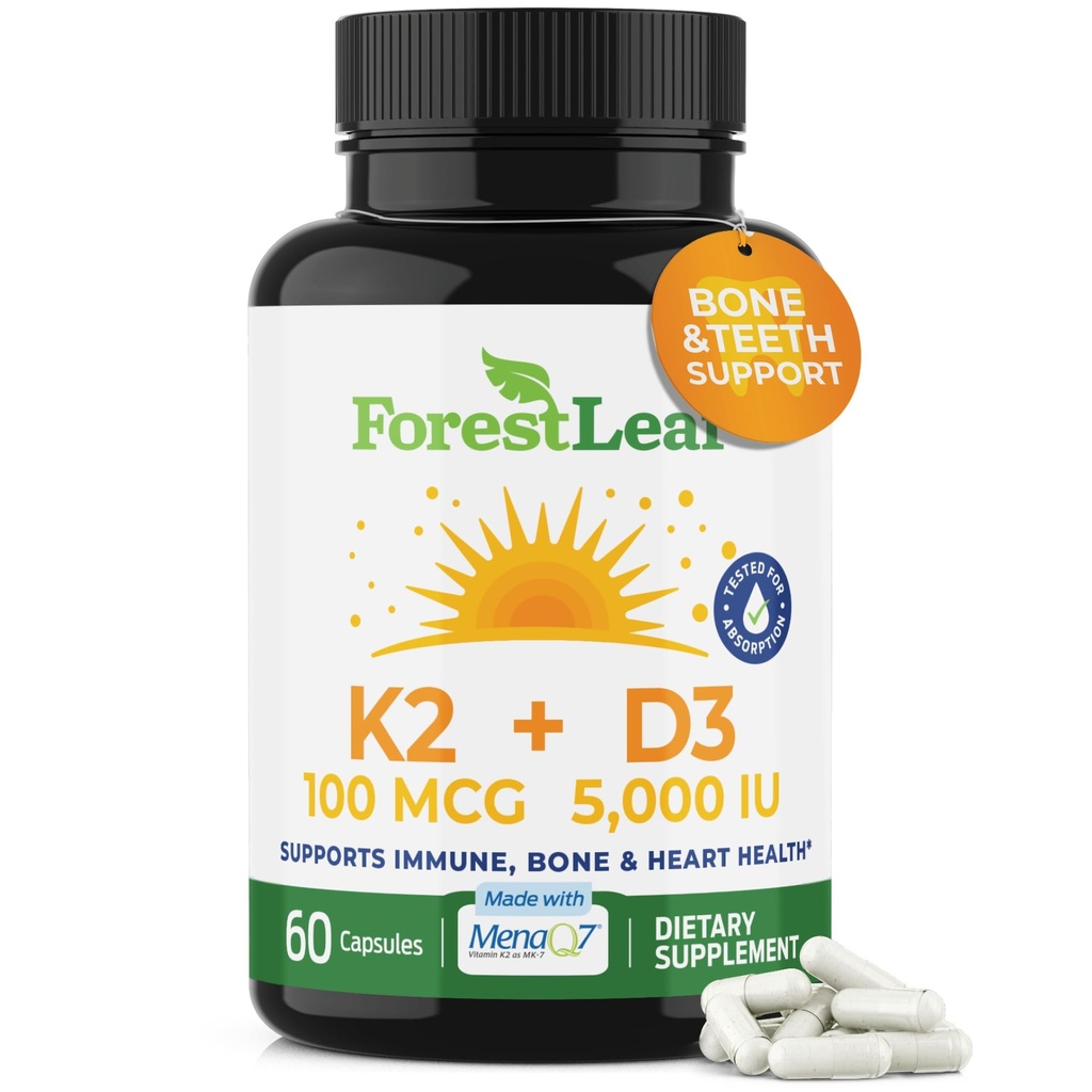 ForestLeaf Vitamin D3 + K2 (MK7) dodatek - MenaQ7 - kalcij in vitamin D3 5000 i.e. Max Absorpcija - moč zob in kosti, zdravje srca, podpora imunskega sistema - 60 Veggie kapsul