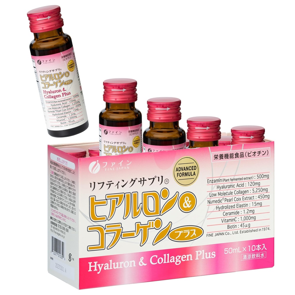 FINE JAPAN Hyaluron & Collagen Plus – Tekoči kolagen dodatek z vitaminom C, hialuronska kislina, Pearl Coix, Podpira kožno hidracijo, elastičnost, zdravje las in nohtov – Narejeno na Japonskem, 17 fl oz