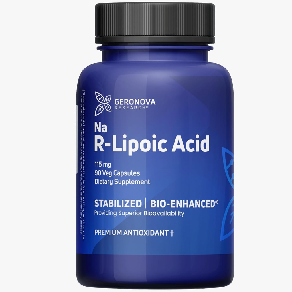 Geronova raziskava Okrepljena R-lipojska kislina, 115 mg Kapsule - 3-mesečna zaloga - Stabilizirana R alfa lipojska kislina z izboljšano absorpcijo - R dodatek lipojska kislina - 90 števk