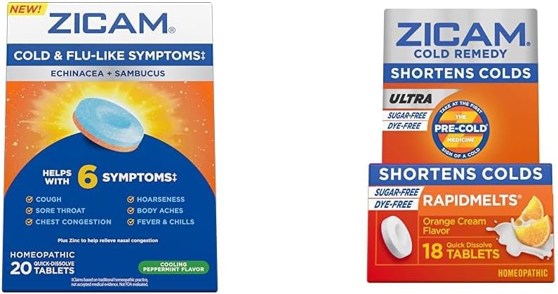 Zicam Cold & Flu Simptomi 20 Tablete Ultra Cold Remedy Rapidmelts 18 Število homeopatskih cink hladno skrajšanje