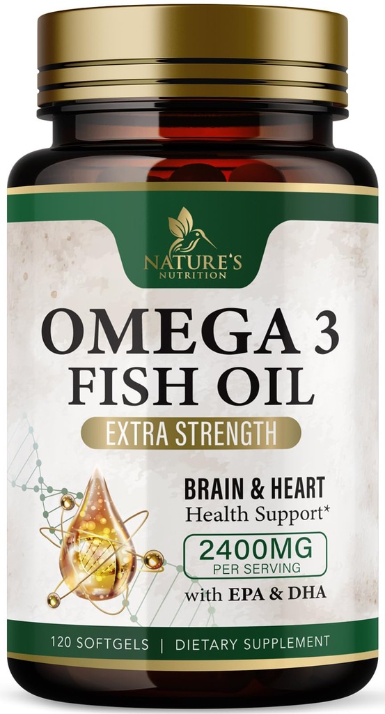 Omega 3 ribje olje dopolnila 2400 mg - Trojna moč Omega3 - EPA & DHA z Essential Maščobne kisline - Naravna imuno, Brain & Heart Health Support - Burpless, Lemon Flavor, Wild Caught - 120 Softgels