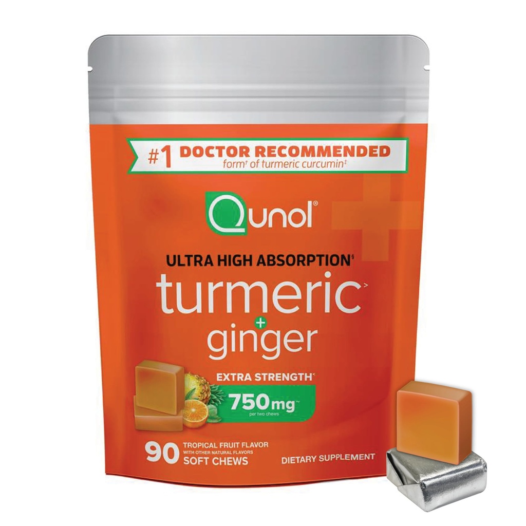 Qunol Turmeric in Ginger Soft Chews, 750mg Turmeric dodatek, Ultra visoka absorpcija za podporo skupno zdravje, 90 Število