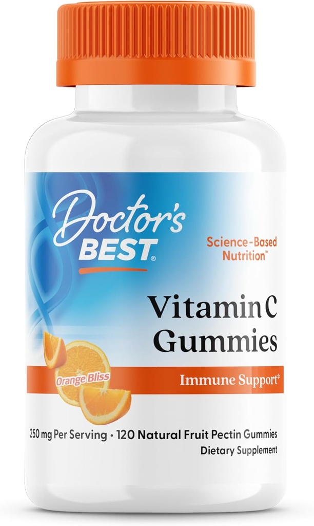 Zdravnik's Best, Vitamin C Gumies 250mg na Serving Great Degusting Immune Brain Eyes Heart Circulation Antioksidant Podpora Naravni pektin Vegan Gluten Prost CT, Sadje, 120 Število