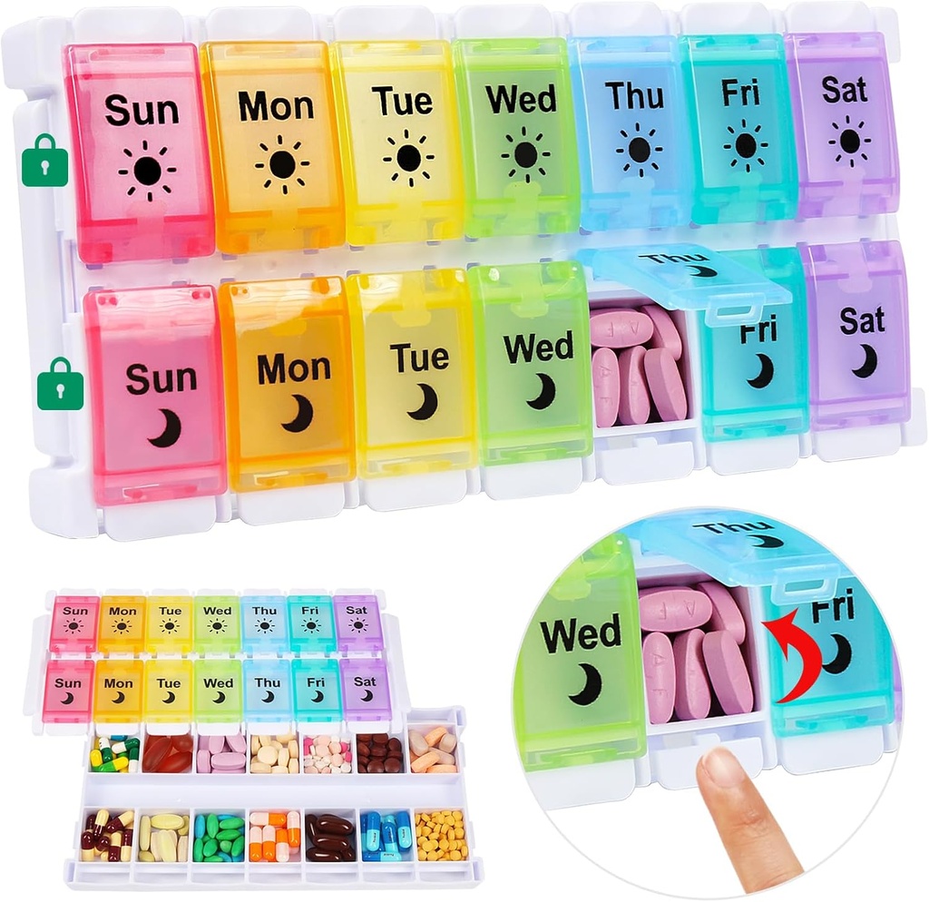 Shintop Am Pm tablete Organizator 7 dan, Push Gumb Tedenske tablete Box 2 krat na dan Easy polnilne tablete Nosilec dan noč Vitamin Primer za zdravila ribje olje dopolnila (Rainbow)
