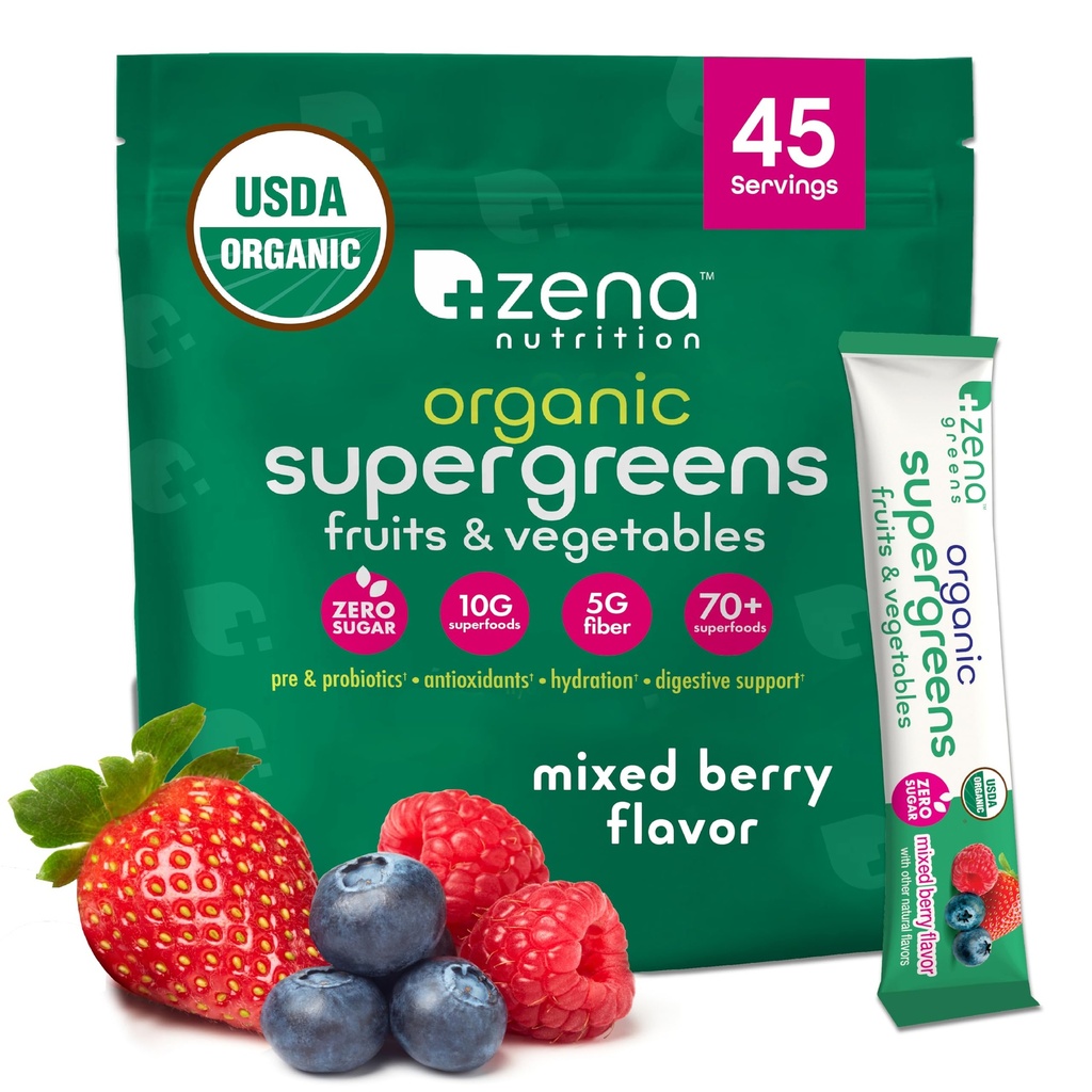Zena Nutrition Organic Super Greens Powder, 70+ Superfoods, 0 Sladkor, 5G Fiber, Spirulina, Klorella, Antioksidanti, Prebiotiki/Probiotiki, Prebavni encimi, Mešano jagode, 45 Drink Mix Packets
