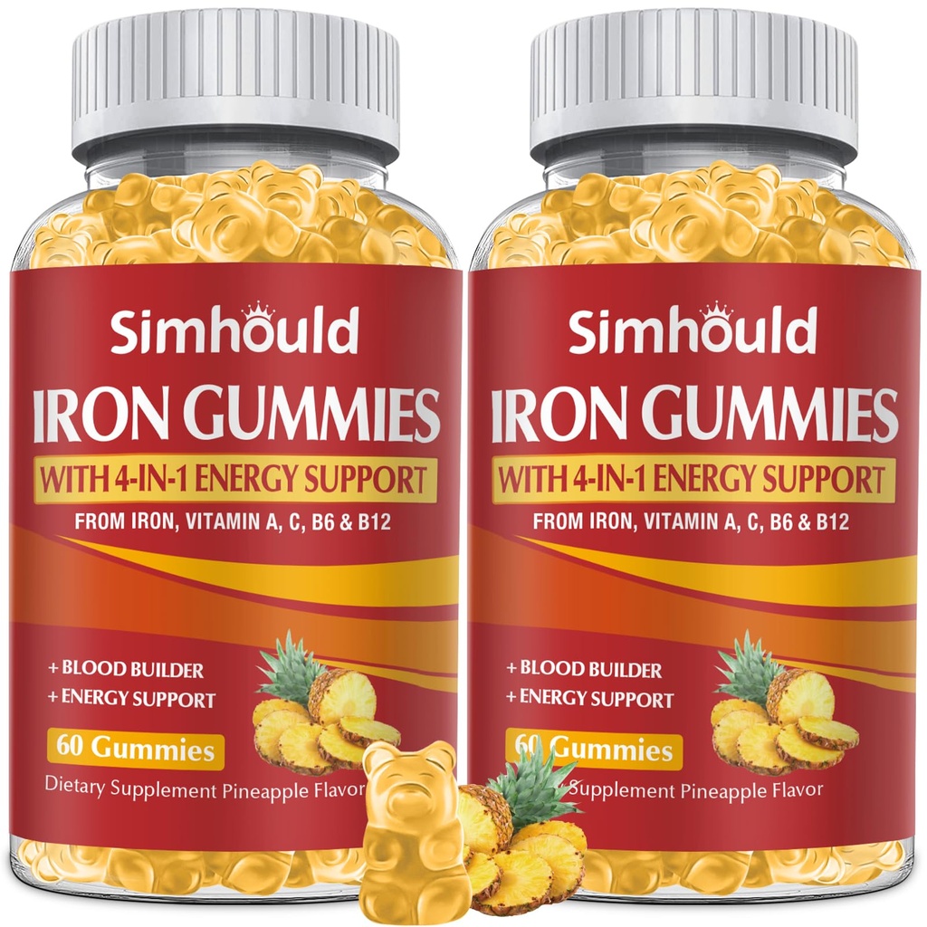 2 Pack Vegan 80MG Iron Supplement Gumies za ženske in moške - Vitamin A, C, B za odrasle in otroke - Blood & Builder & Energy Support za pomanjkanje železa, anemija, 120 Counts Anapple Flavor Gummies