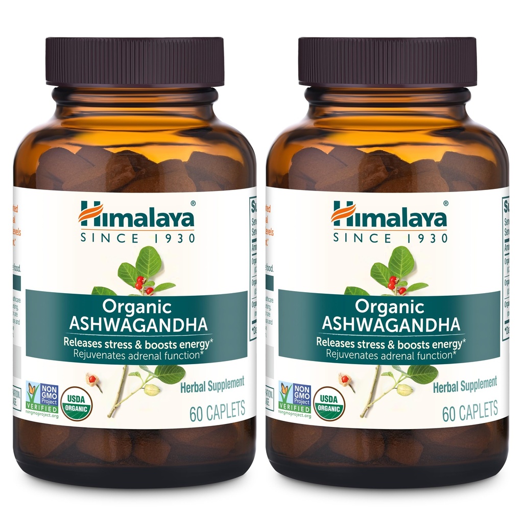 Himalaja Organic Ashwagandha, 120 Day Supplement, Zeliščni dodatek za pomoč pri stresu, energijska podpora, občasno nespečnost, USDA Organic, Non-GMO, Vegan, Gluten Free, 670 mg, 60 Caplets, 2 Pack