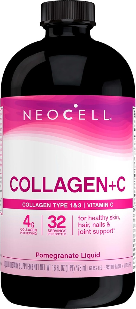 NeoCell Collagen Peptides + vitamin C Liquid, 4g Collagen na strežbo, Gluten prost, vrste 1 in 3, spodbuja zdravo kožo, lase, nohte in skupno podporo, Granatno jabolko, 16 Oz