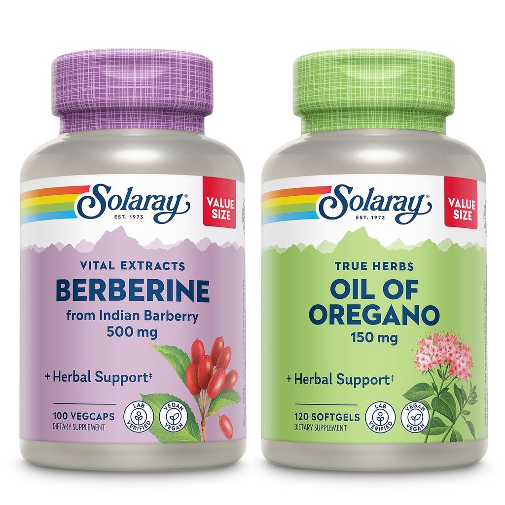 SOLARAY Berberine in olje Origano Bundle - Berberine HCl iz indijskega Barberry Plus Origano Oil Supplement for Powerful Wellness Support - 100 VegCaps/120 Softgels