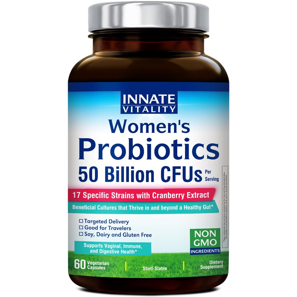 Innate Vitality Probiotics for Women, 50 Billion CFUs, 17 Proven Strains, 60 Veggie Caps, Formulated with Prebiotics and Cranberry Extract,Non-GMO, Supports Vaginal, Digestive and Immune Health