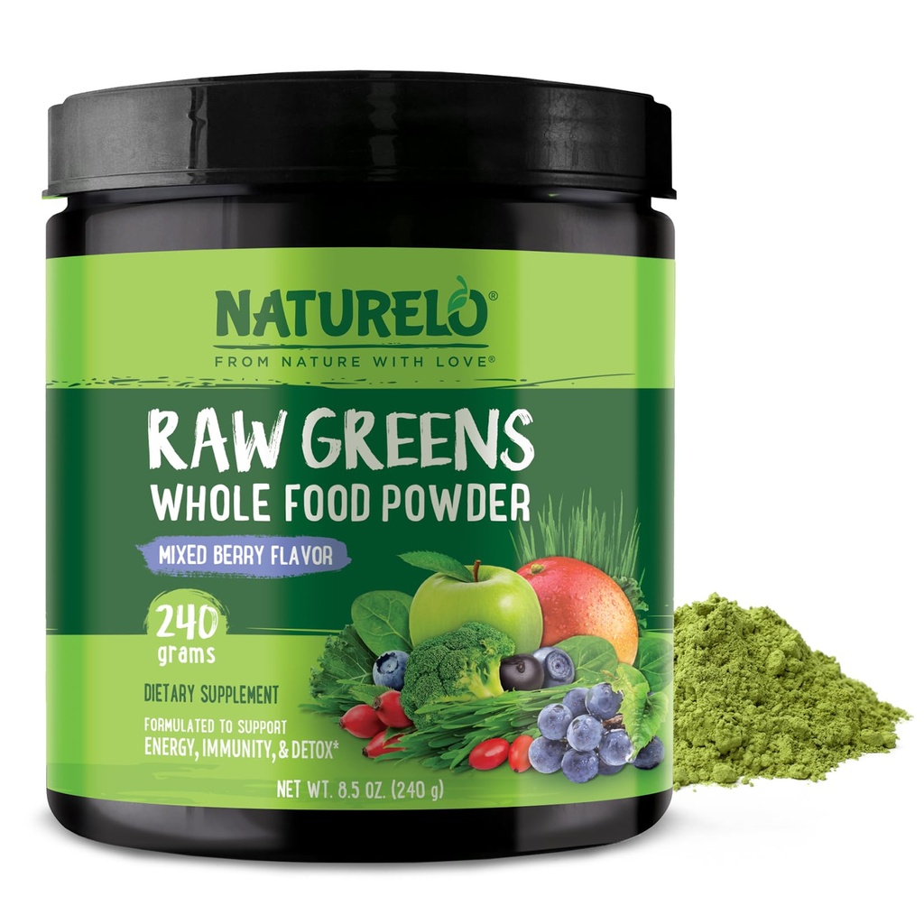 NATURELO Raw Greens Superfood Powder 240 Grams, Mixed Berry - Podpira energijo, imuniteto in Detox - Vključuje Spirulina, pšenična trava in ekološko zelena za celotno prehrano