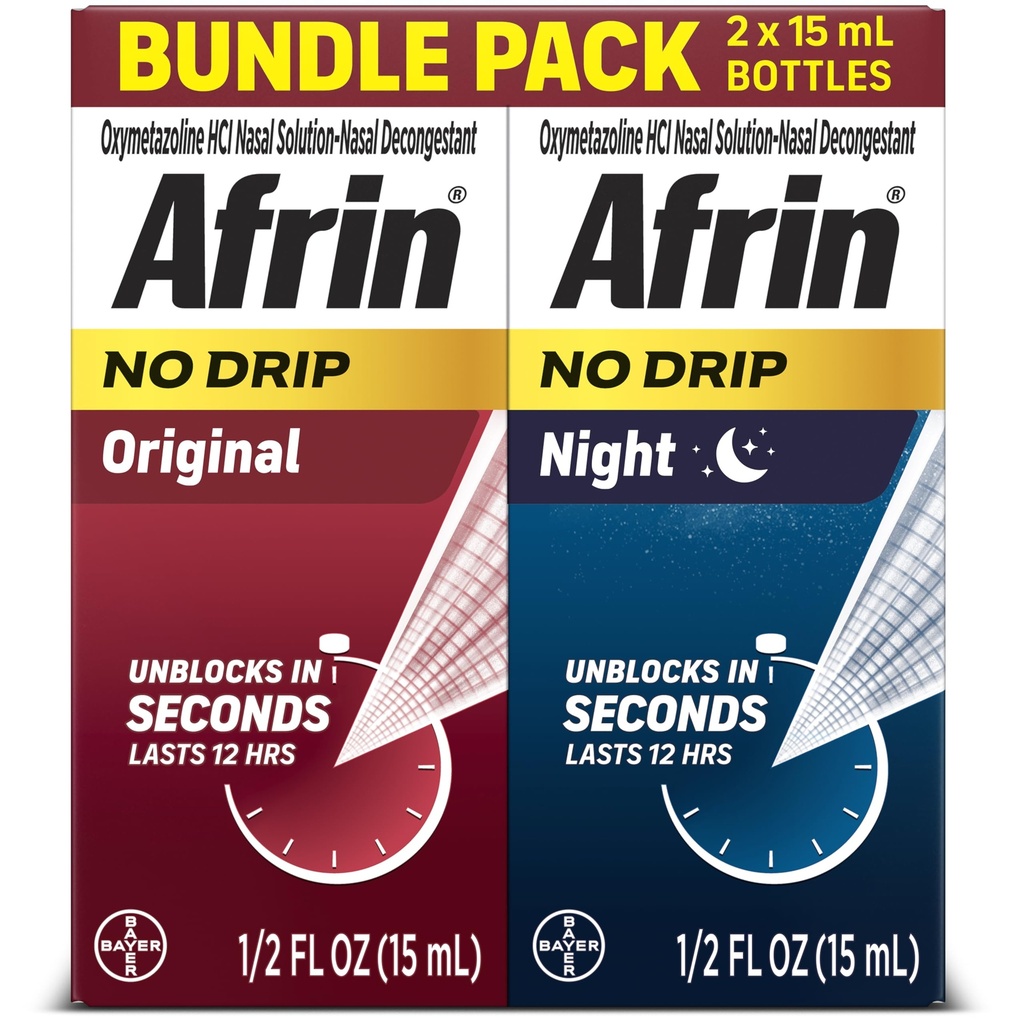 Afrin No Drip Original + Night Nasal Mist Bundle Pack, Neumiren, hitro deluje dekongestiv za nos prezasedenost in Sinus razbremenitev tlaka, Odrasli in otroci 6 in starejši, .5 fl oz (Pack z 2)
