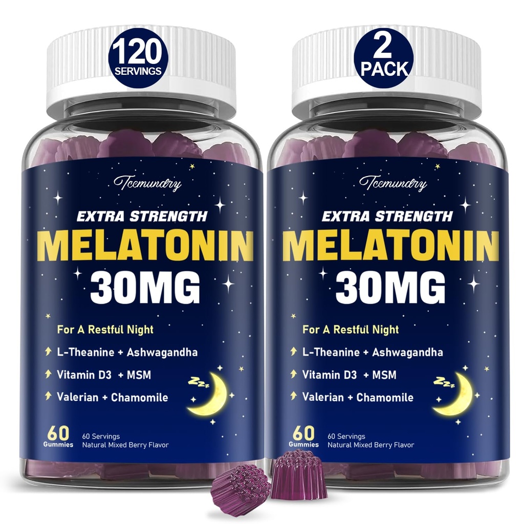 Melatonin Gumies 30mg za odrasle: maksimalna moč melatonin dodatek z L-teanin, Ashwagandha, MSM, vitamin D3 & cink - ne-habitno oblikovanje, naravno mešano jagodičje aromo 60 (Pack of 2)