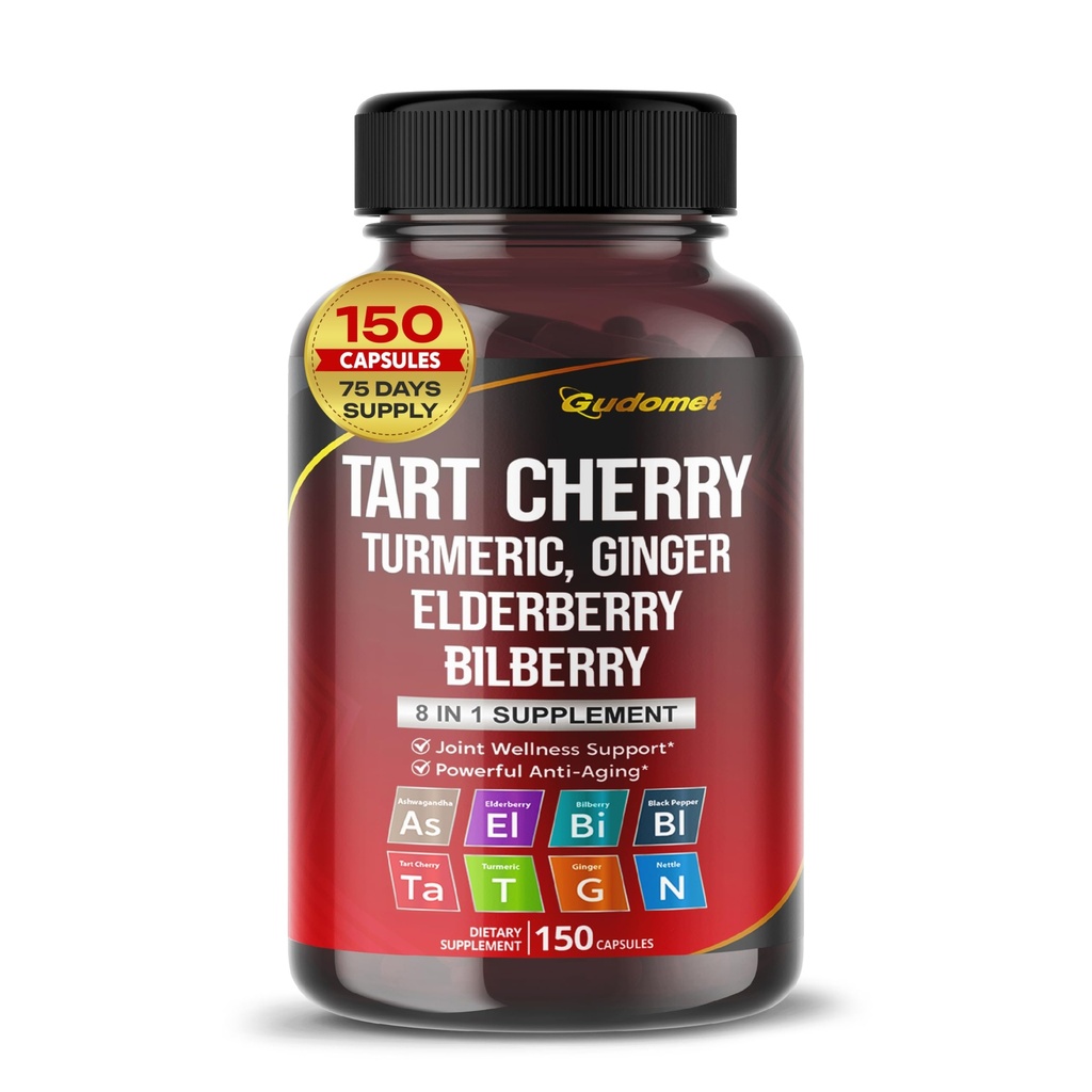 Tart Cherry Kurkuma Ginger Sting Ashwagandha Bezgove jagode Črni poper -150 Kapsule- Izdelano v ZDA