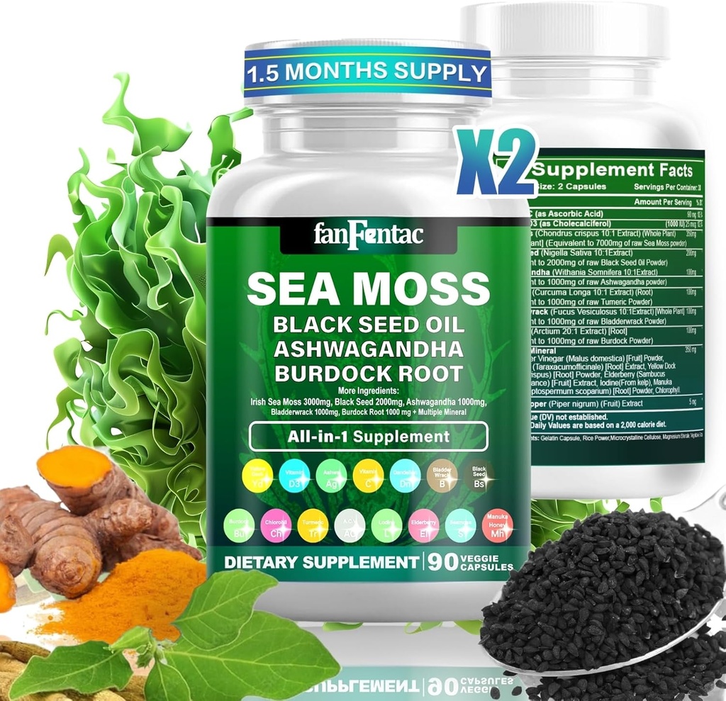 Sea Moss 7000mg - olje črnega semena 2000mg - Ashwagandha 1000mg - Bladderwrack 1000mg - Kurkuma 1000mg - Burdock 1000mg - vitamin C 90mg - vitamin D3 1000IU - več mineralov 350mg - 180 kapsul