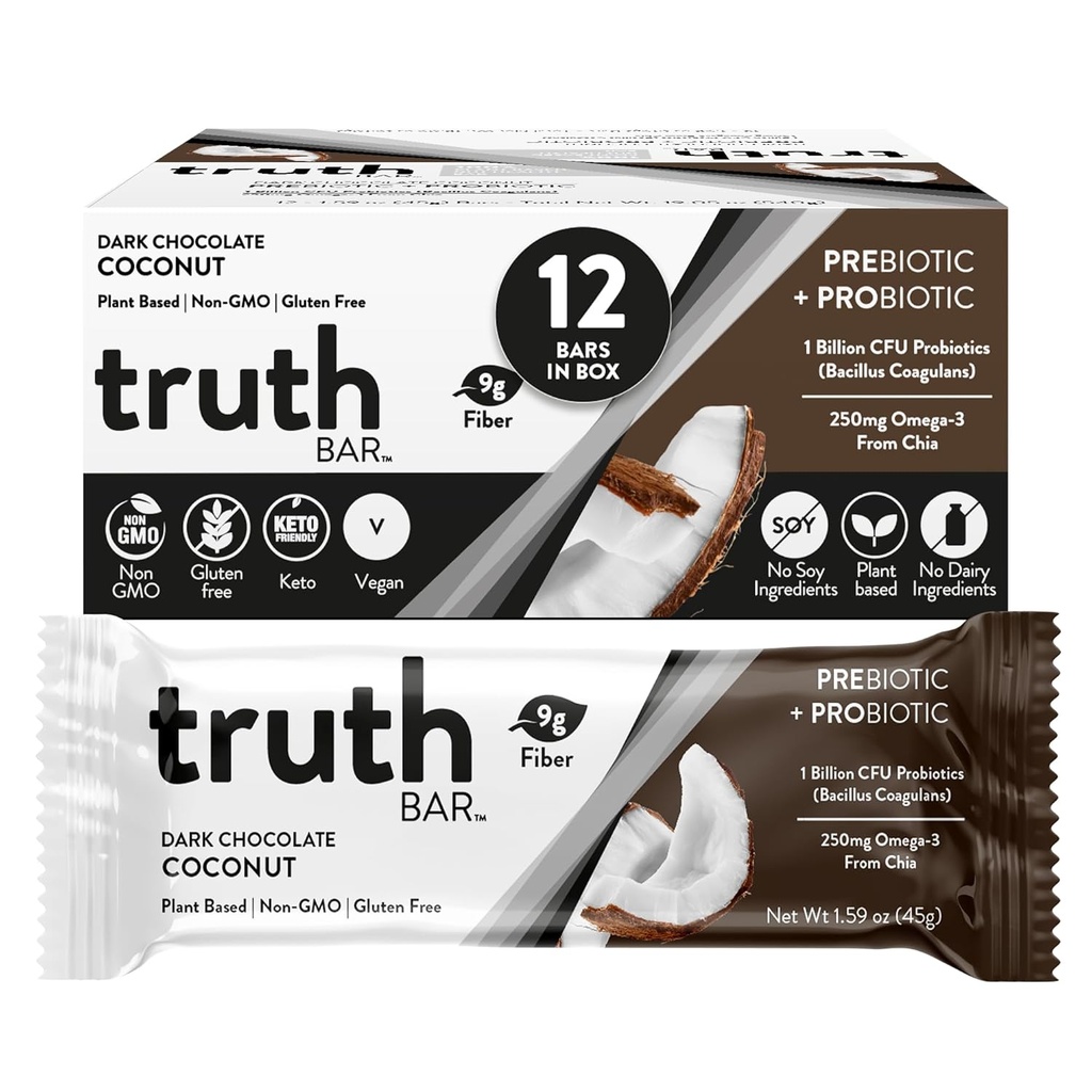 Resnica Bar Zdravi prigrizek, Omega 3 iz Chia, Rastlinski temelji, Prebiotiki & Probiotiki, Visoka vlakna, Nizki sladkor, Keto, Košir, Temna čokolada, Vegan, Gluten Prost, 12 Ct, 45g ea.