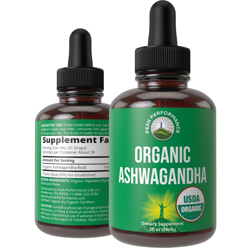 Ashwagandha Liquid Drops. USDA Organic Vegan dodatek. Extra Strength Ashwagandha Root Extract za ženske, moške, otroke. z Adaptogeni. Zero Sugar, Organic, Gluten Free Tinkture dopolnila.