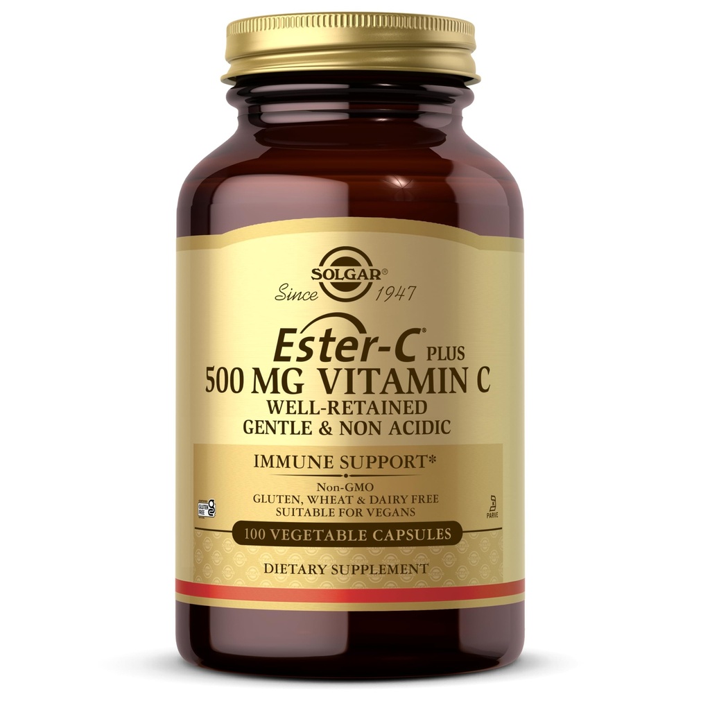 Solgar Ester-C Plus 500 mg Vitamin C (kompleks Askorbata), 100 zelenjavnih kapsul - nežen in nekislinski - antioksidant in imunske podpore - ne gensko spremenjeni organizmi, Vegan, Gluten brez, Košir - 100 Servingov
