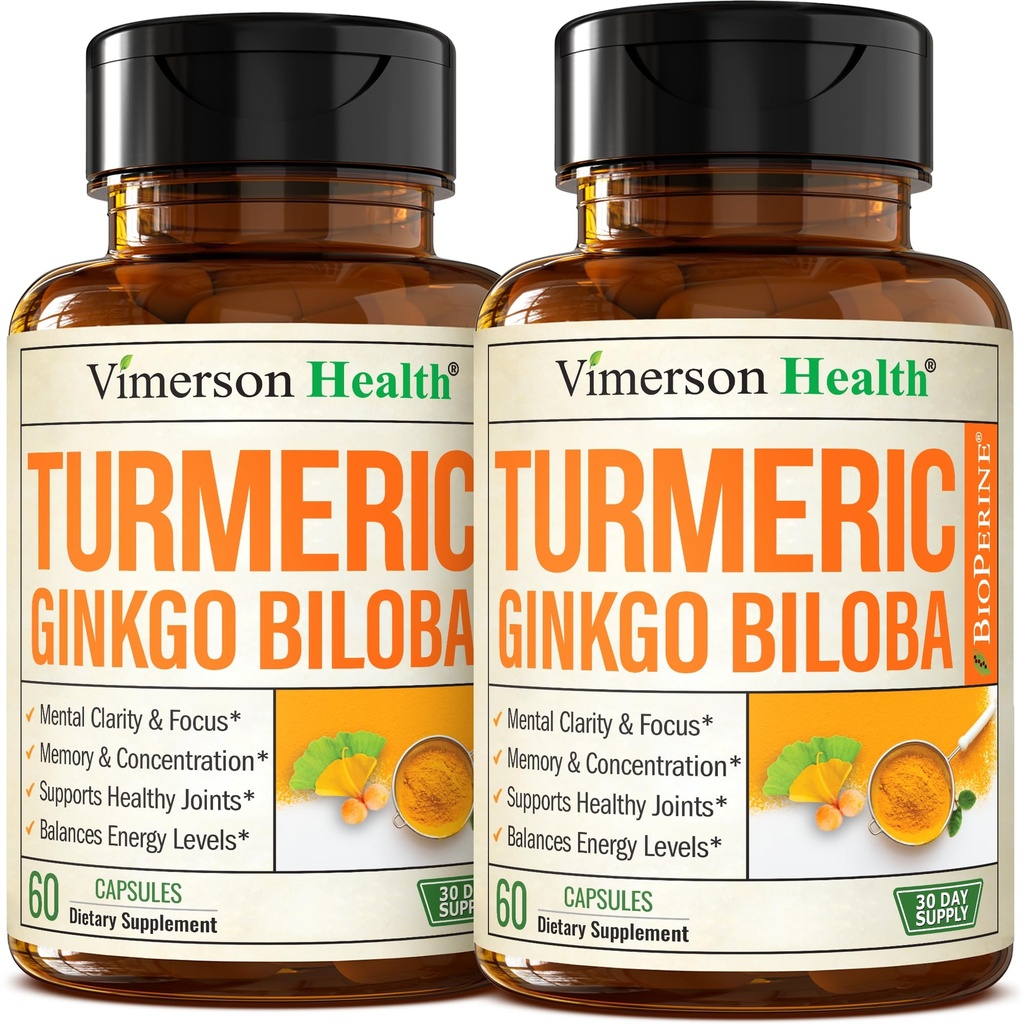 Ginkgo Biloba in kurkumin dodatek w/črna paprika & organski tumerik – Naravni kurkuma dodatek za fokus, spomin, skupno zdravje in možgani – Vegan Ginko Biloba kapsule w/Curcuma – 2 paket